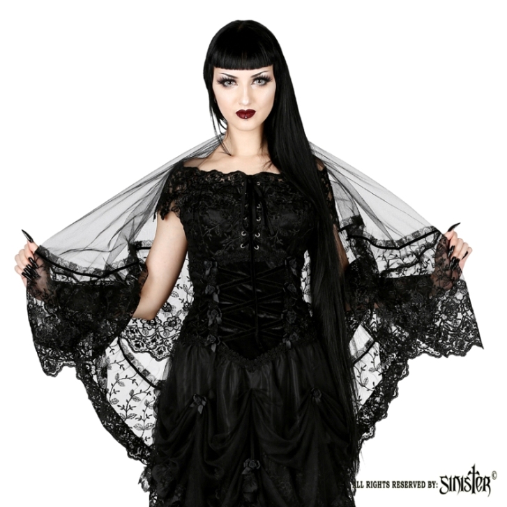 Sinister Gothic Long Black Tulle Wedding Veil w Broad Lace Trim [H021