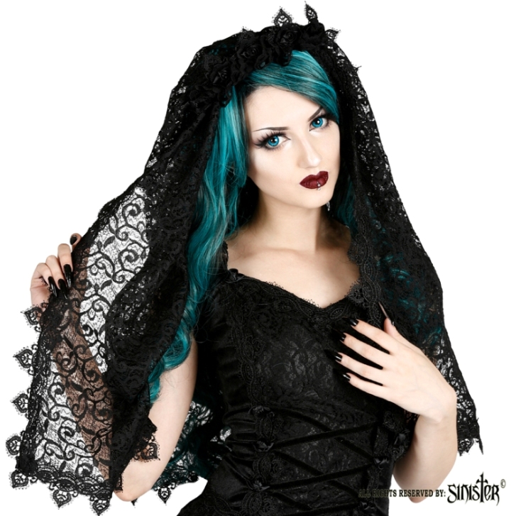 Sinister Gothic Black Sicilian Lace & Lace Trim Wedding Veil w