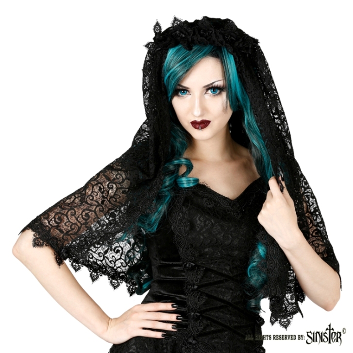 Sinister Gothic Black Sicilian Lace & Lace Trim Wedding Veil w