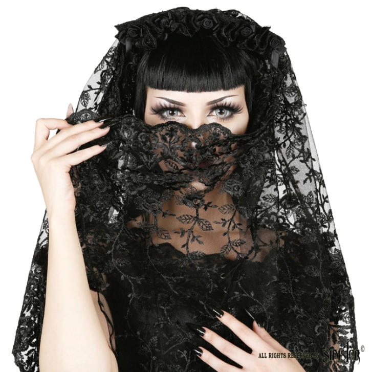 Sinister Gothic Black Embroidered Lace Bows & Satin Roses Wedding Veil