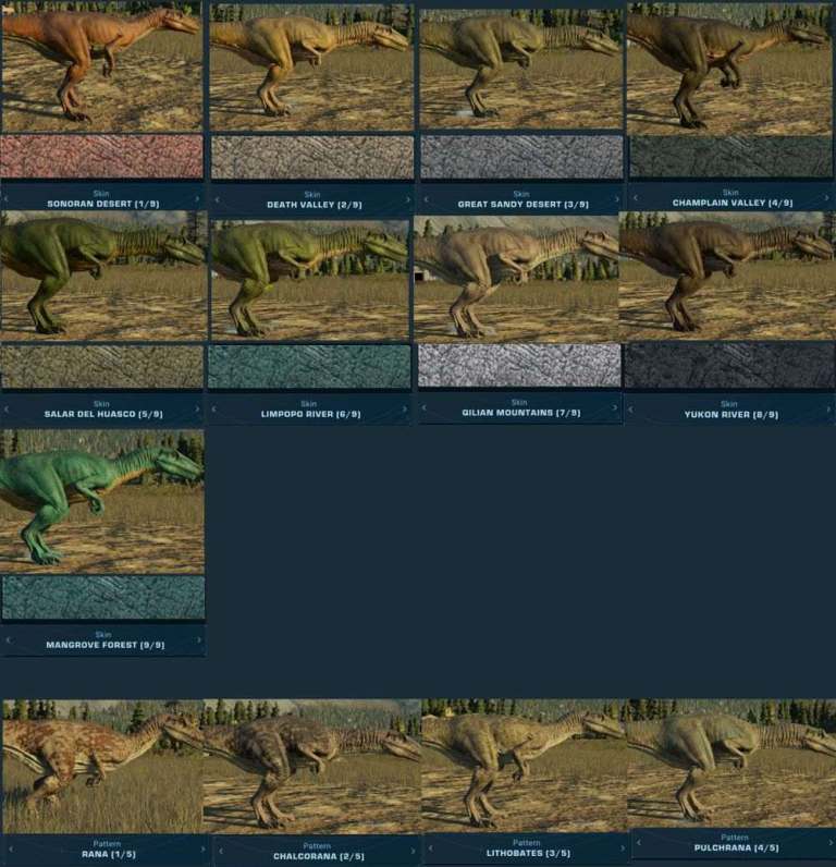 Jurassic World Evolution 2 Dinosaurs Skins & Pattern Colours