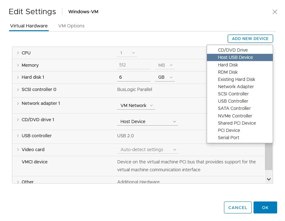 Connecting USB devices to ESXi VMs with VMware USB