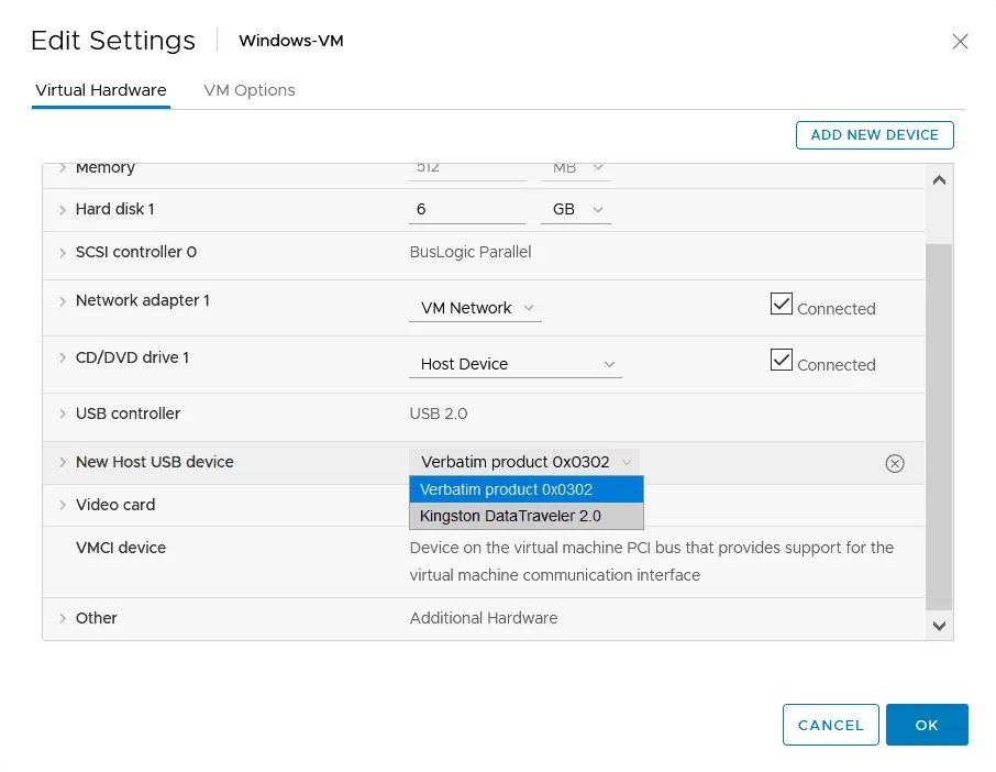 Connecting USB devices to ESXi VMs with VMware USB