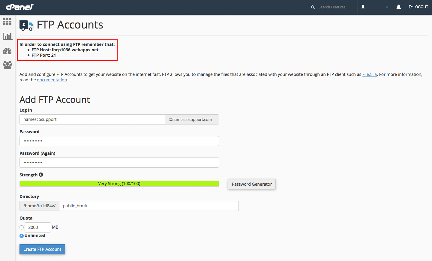 Add an FTP account in cPanel Support Centre names.co.uk