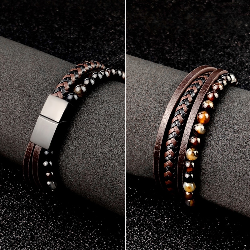 Leather With Tourmaline Bracelet for Men 8,6 inches Nanoions