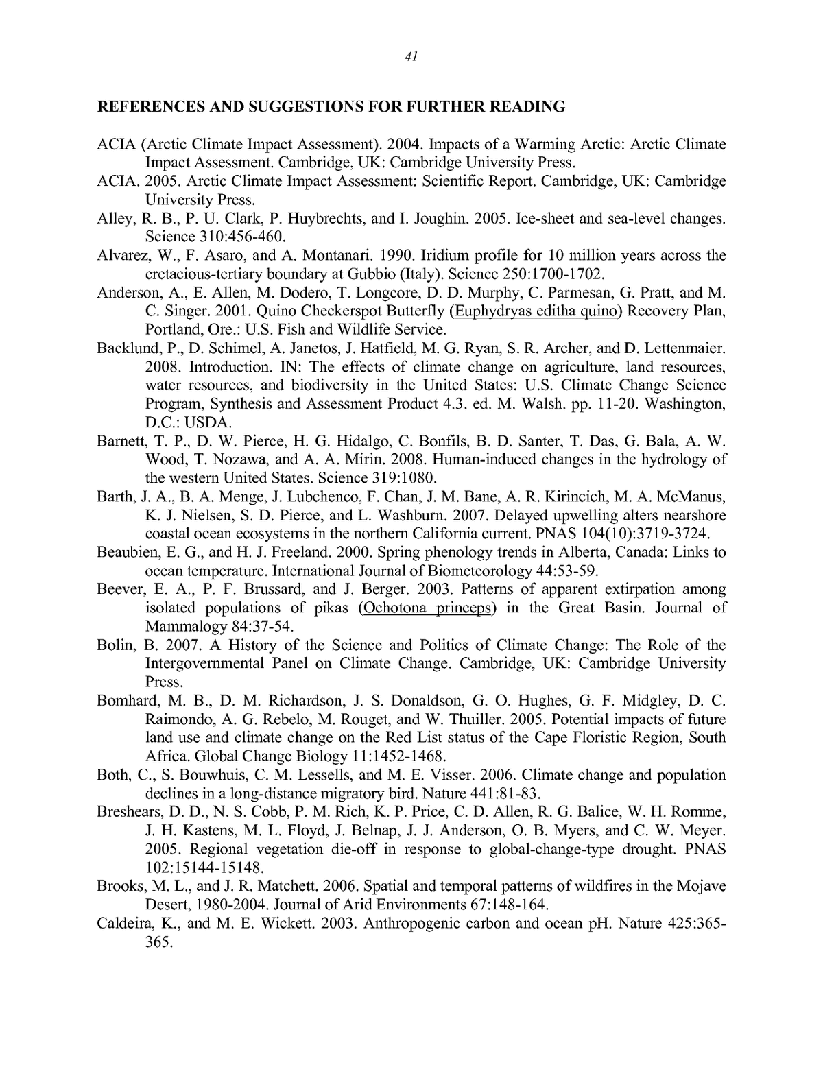 REFERENCES AND SUGGESTIONS FOR FURTHER READING Ecological Impacts of