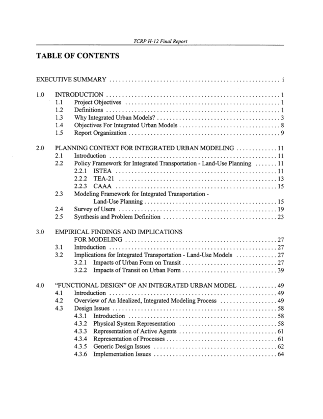 Table of Contents Integrated Urban Models for Simulation of Transit
