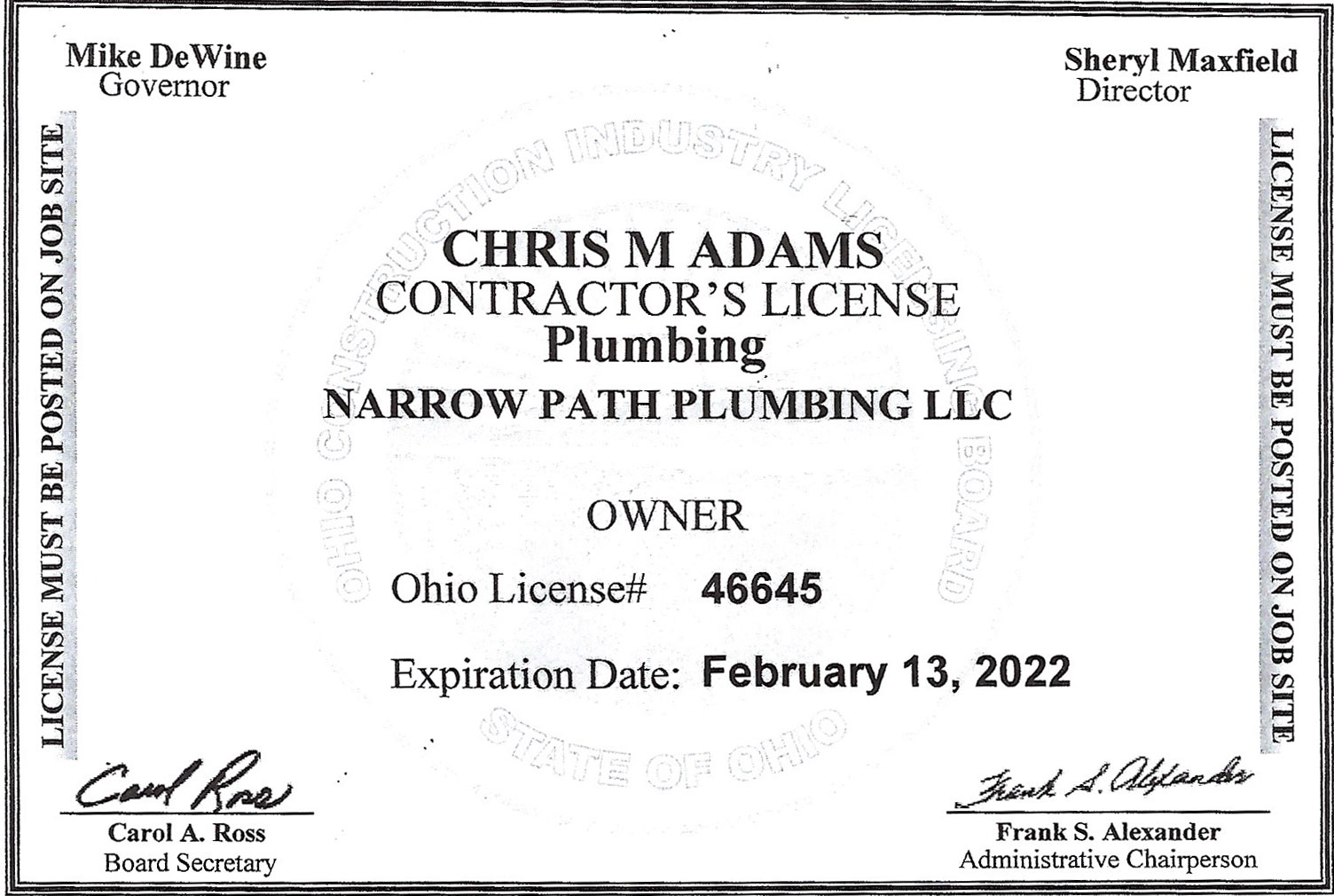 Contractor's License Narrow Path Plumbing