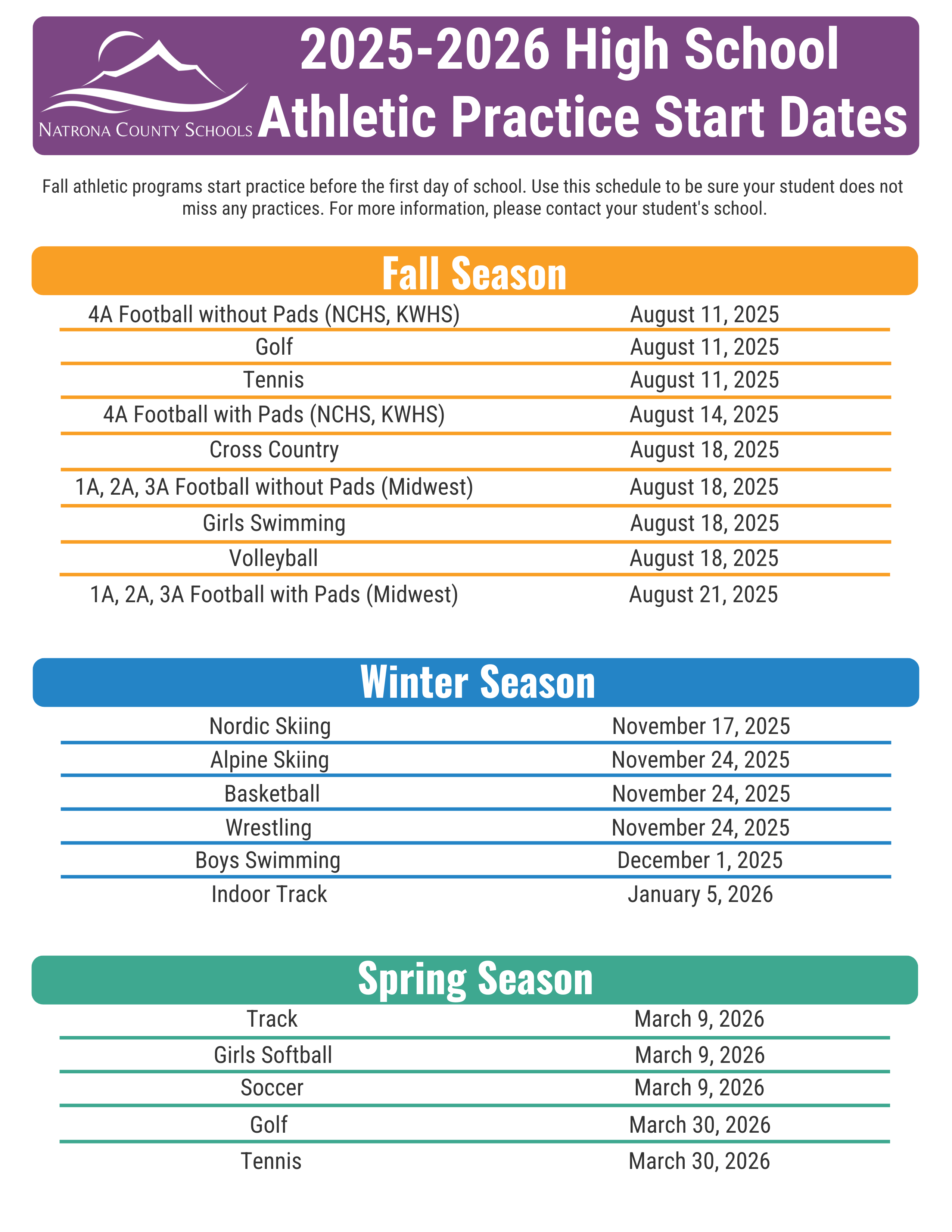 NCSD Athletics and Activities Athletic Season Start Dates! Natrona