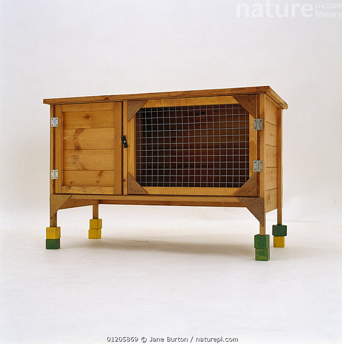 Stock photo of Rabbit hutch on legs raised up on bricks. Available for
