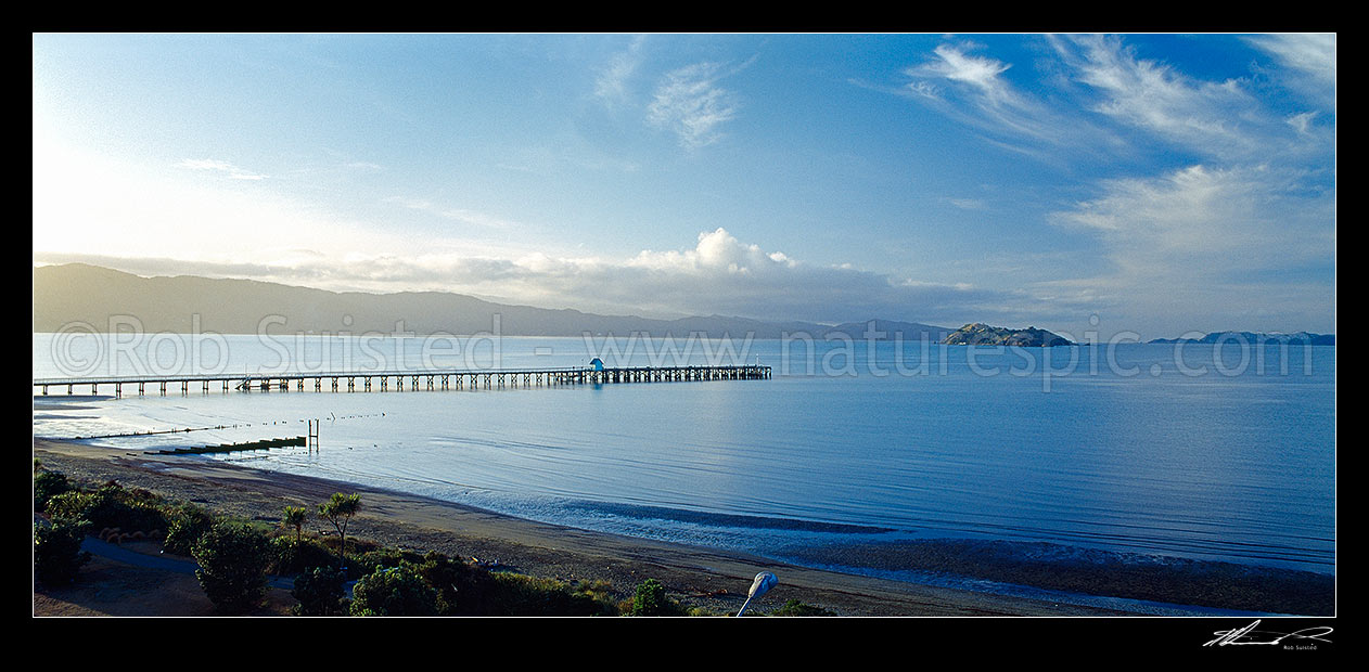 Petone Wharf at dawn; Petone foreshore panorama, Petone, Hutt City