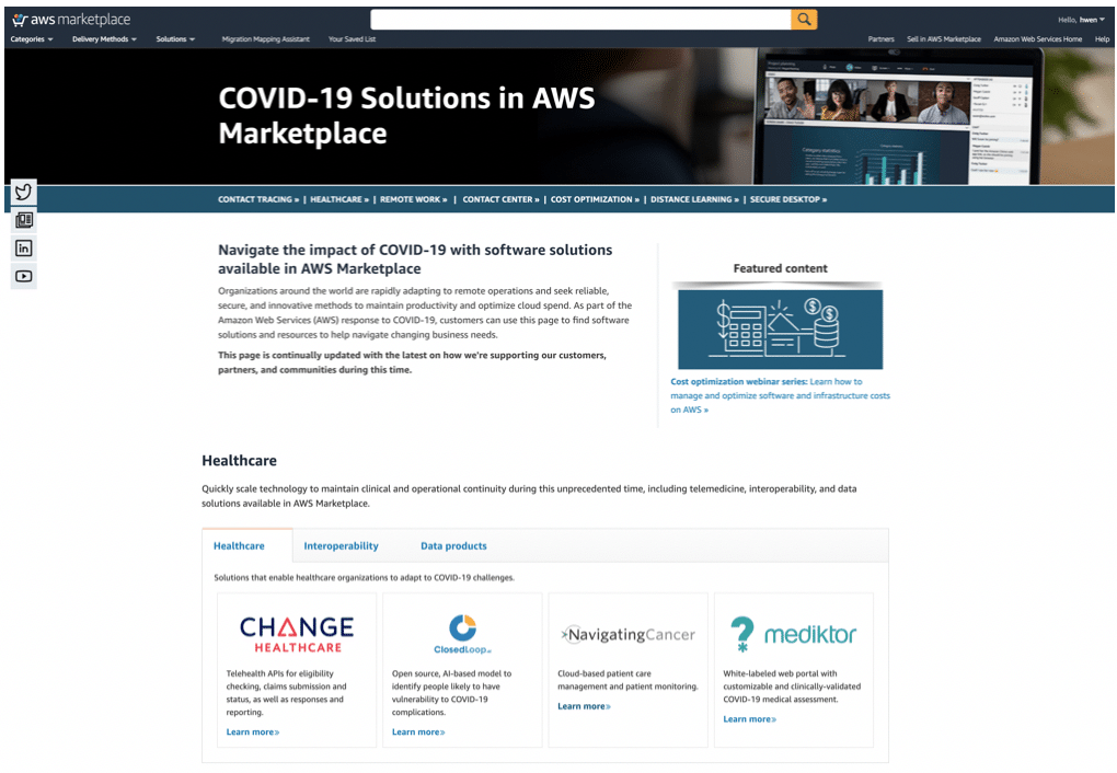 Navigating Cancer COVID19 Solution featured in AWS Marketplace