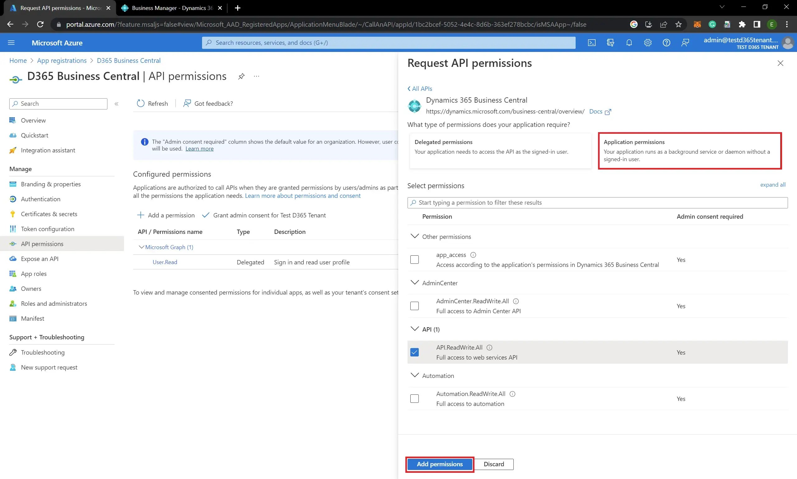 How to Register Business Central App with API Permissions in Azure