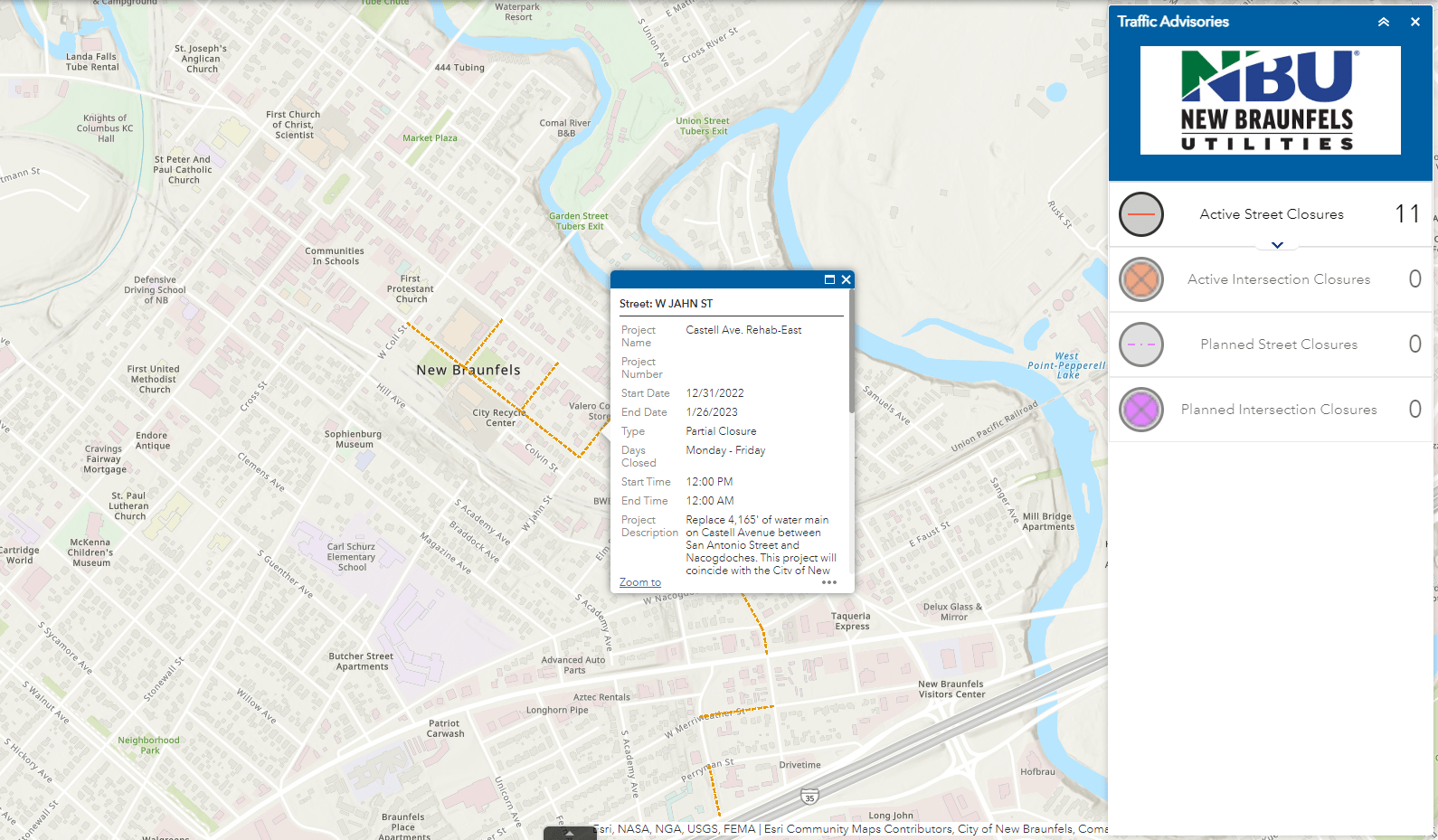 Construction Impacts and Road Closures New Braunfels Utilities site