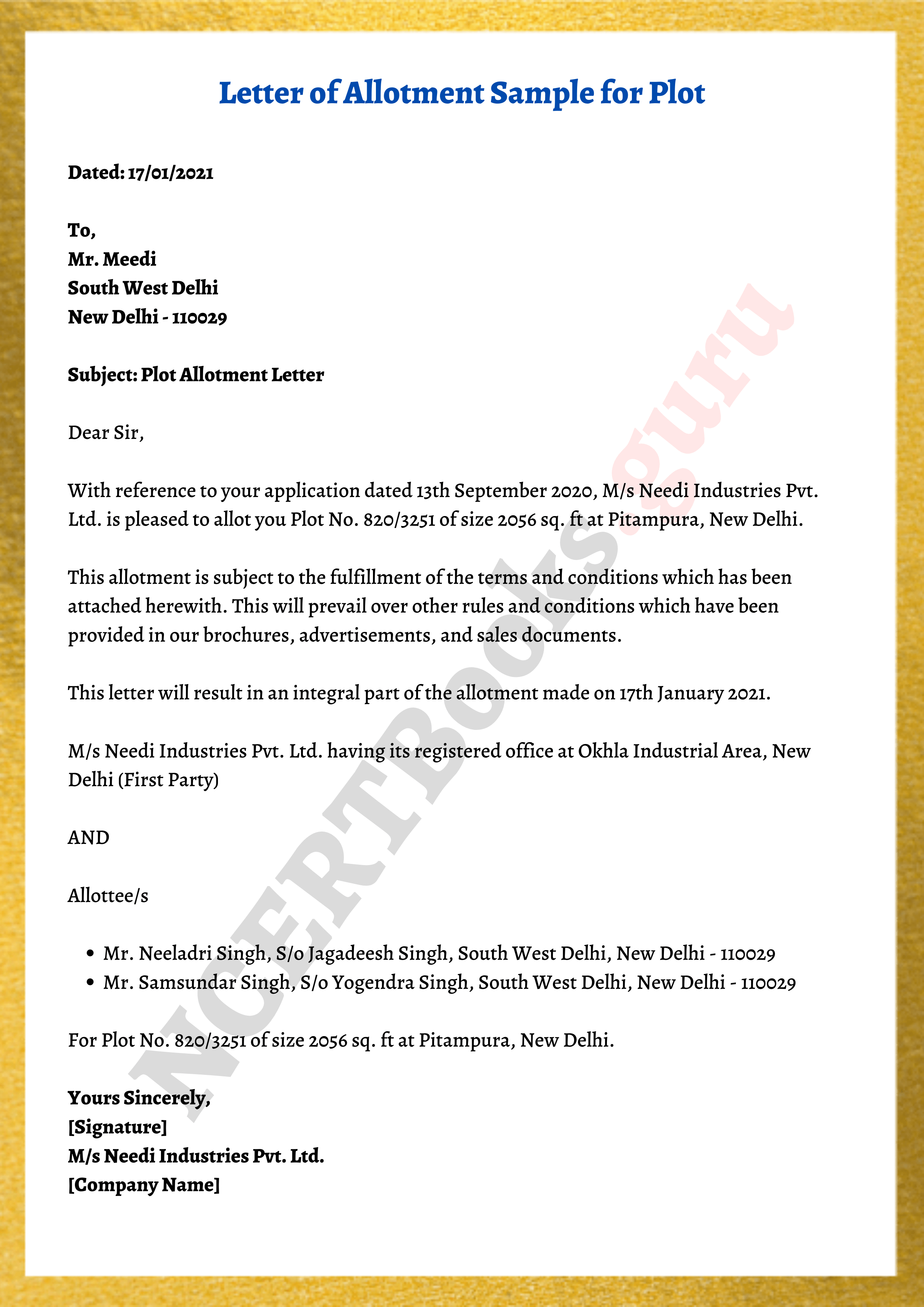 Allotment Letter Writing Guidelines Format & Samples of Allotment Letter