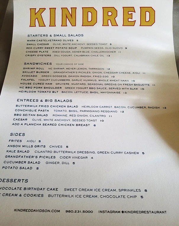 KindredLunchMenu NC Triangle Dining Food Blog