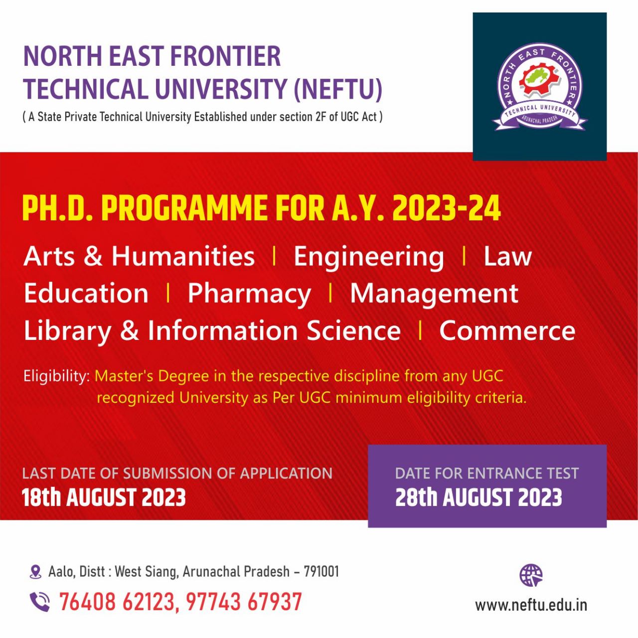 Submission of Ph.D application and date of entrance NEFTU