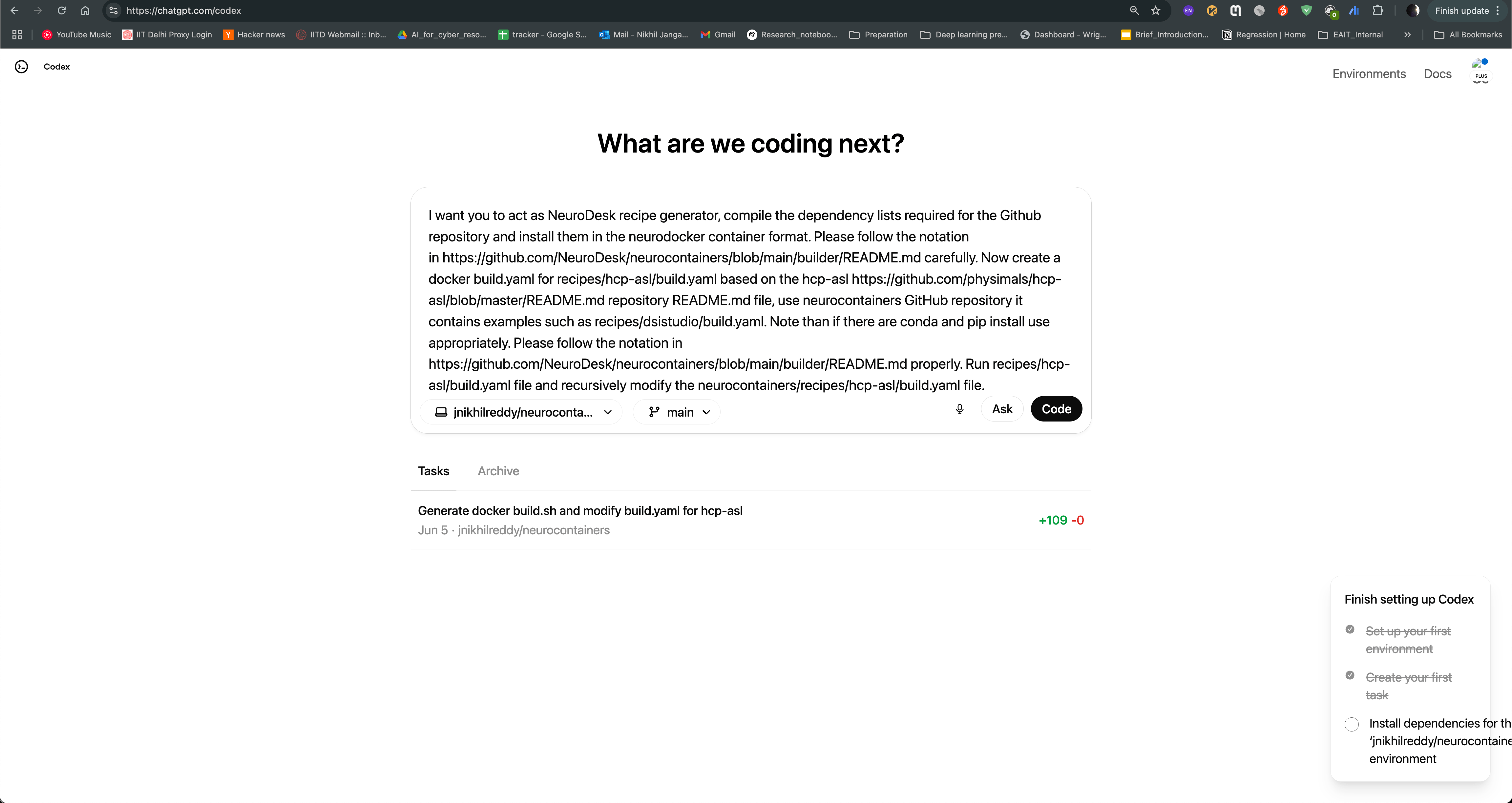 Neurocontainer Copilot using OpenAI Codex agent Neurodesk