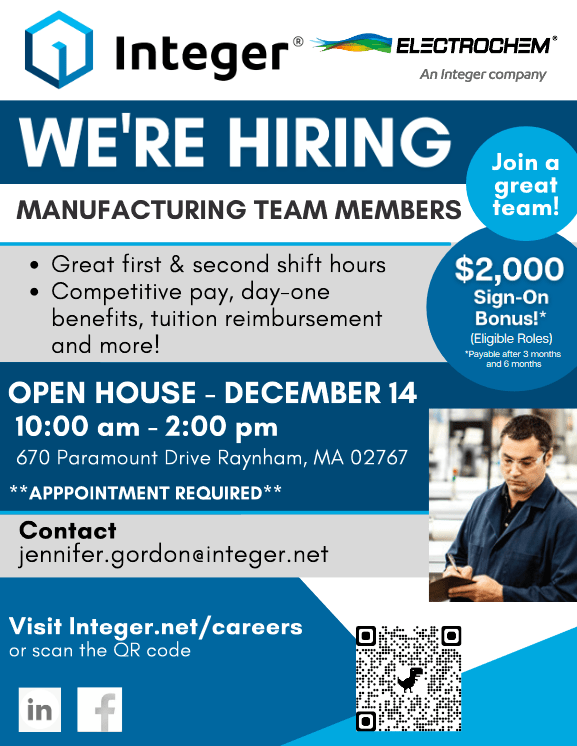 Electrochem Solutions in Raynham is Hiring for 30+ Assemblers! New