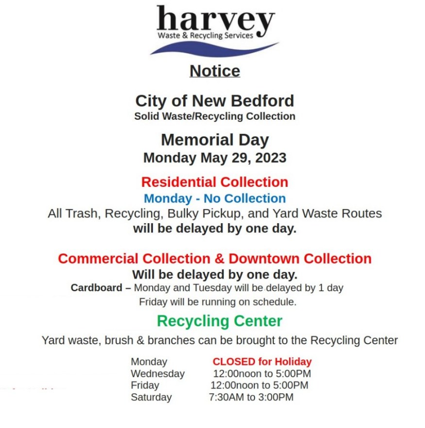 City of New Bedford trash/recycling pickup delay for Memorial Day