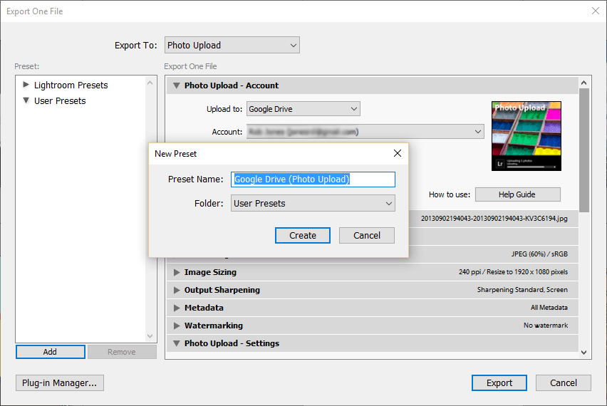 Uploading photos Export User Presets Lightroom plugins