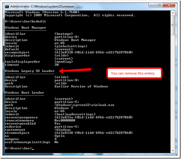 How to Remove “Earlier Version Of Windows” in Windows 7 Bootloader with