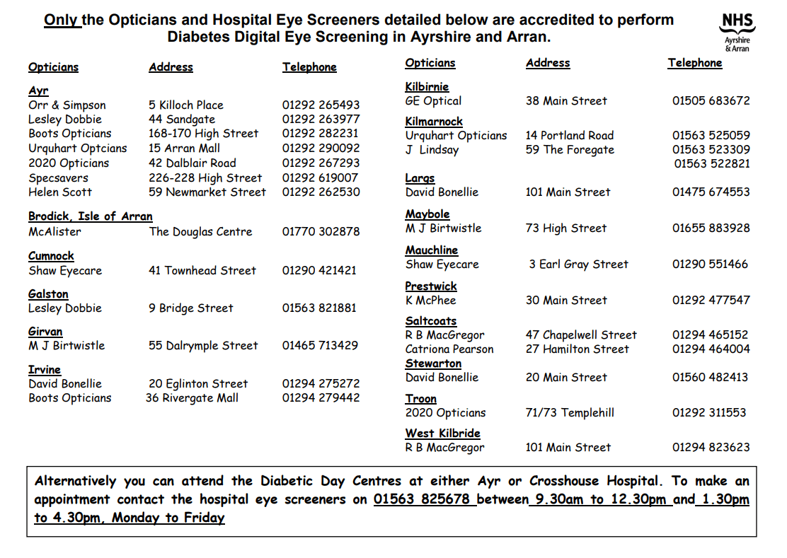 Diabetes Eye Screening Ayrshire and Arran NHS Ayrshire & Arran