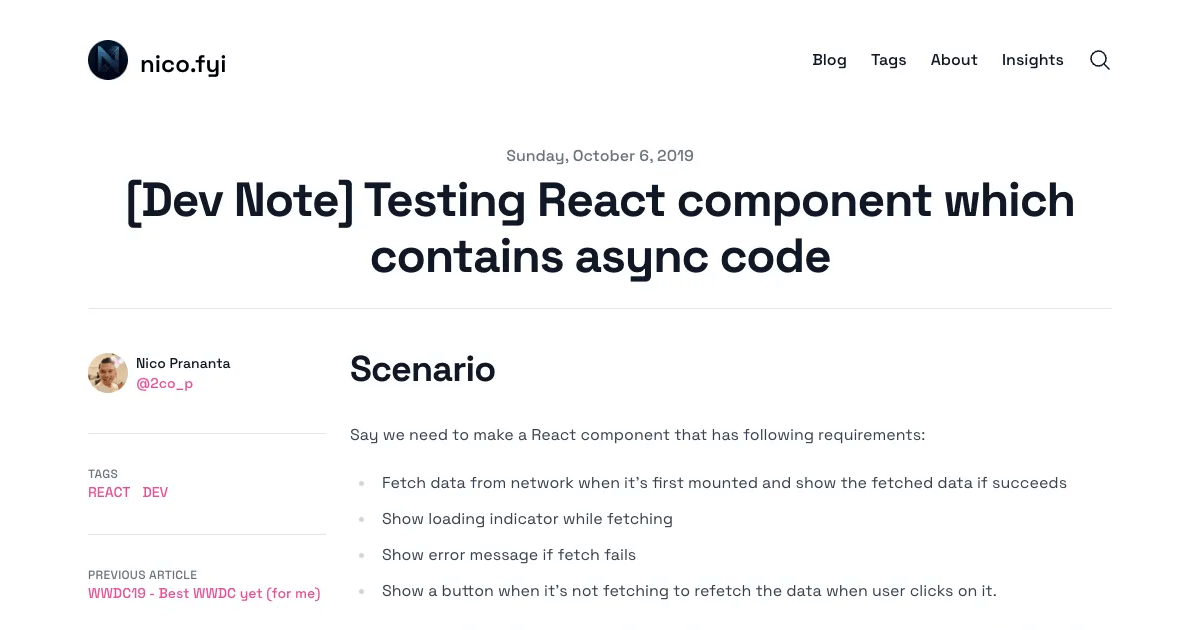 [Dev Note] Testing React component which contains async code Nico's Blog