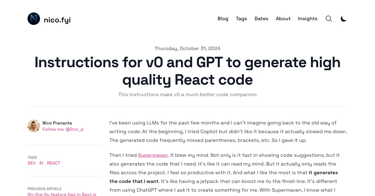 Instructions for v0 and GPT to generate high quality React code Nico