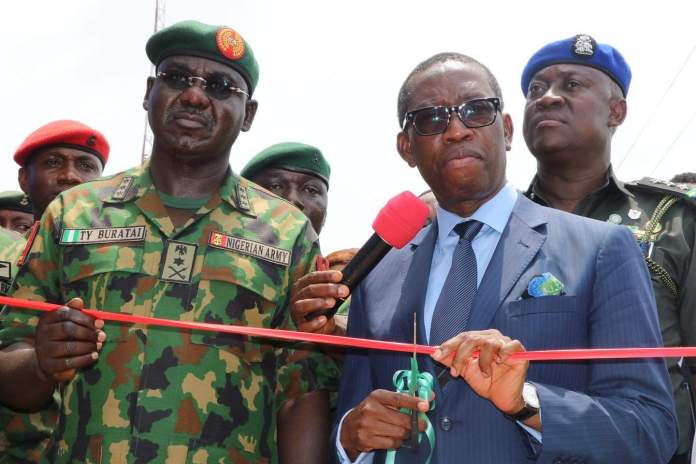Chief of Army Staff, Lt Gen. Tukur Buratai and Governor Ifeanyi Okowa of Delta State during the commissioning of the 63 Brigade of the Nigerian Army in Asaba