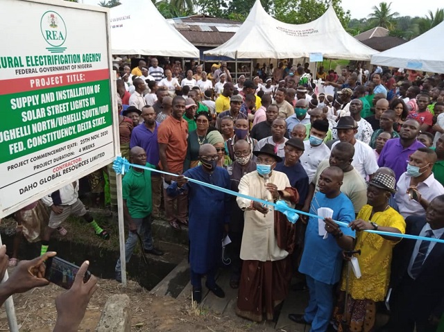 Hon. Francis Waive commissioning an electricity project at Otokutu in Ughelli South LGA of Delta State