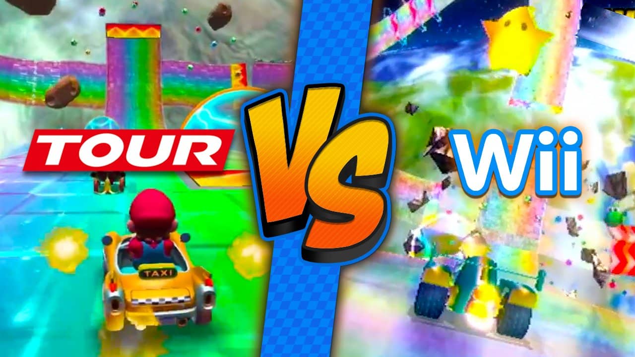 Comparativa en vídeo de Wii Senda Arcoiris Mario Kart Tour vs. Mario