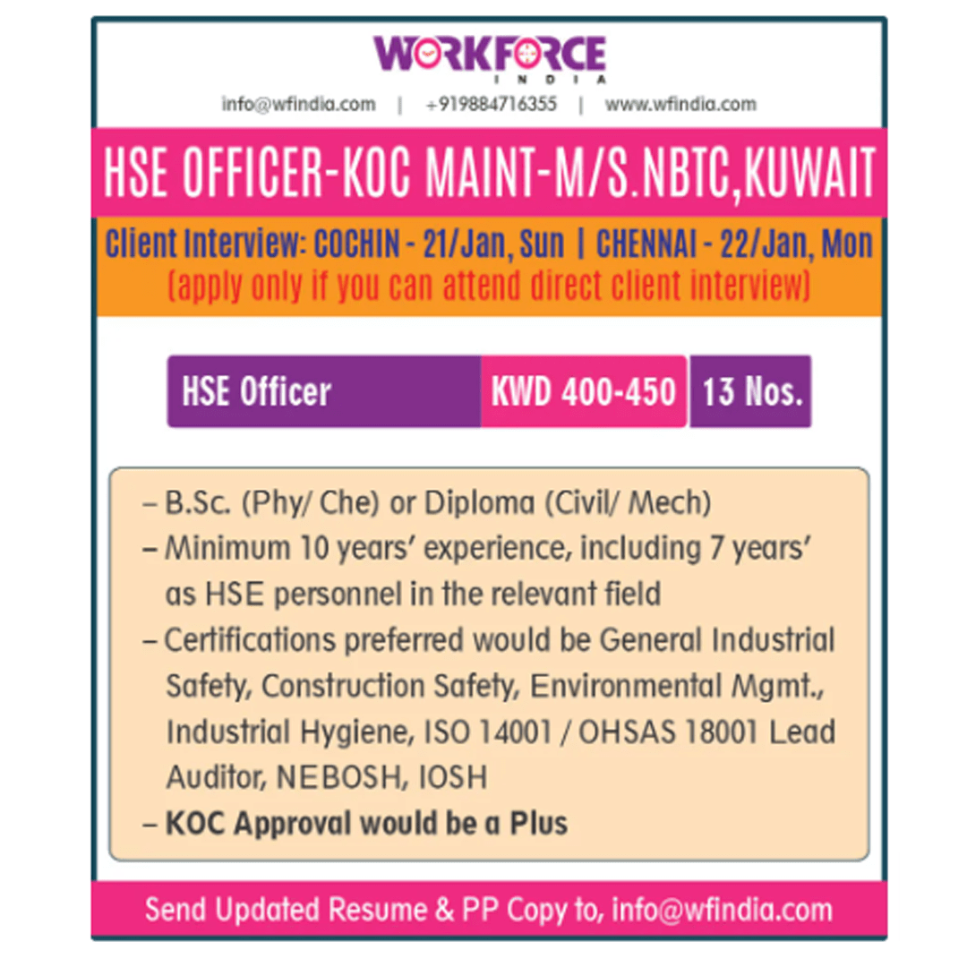 Safety Officers Jobs NEBOSH vacancy, Job Openings in India