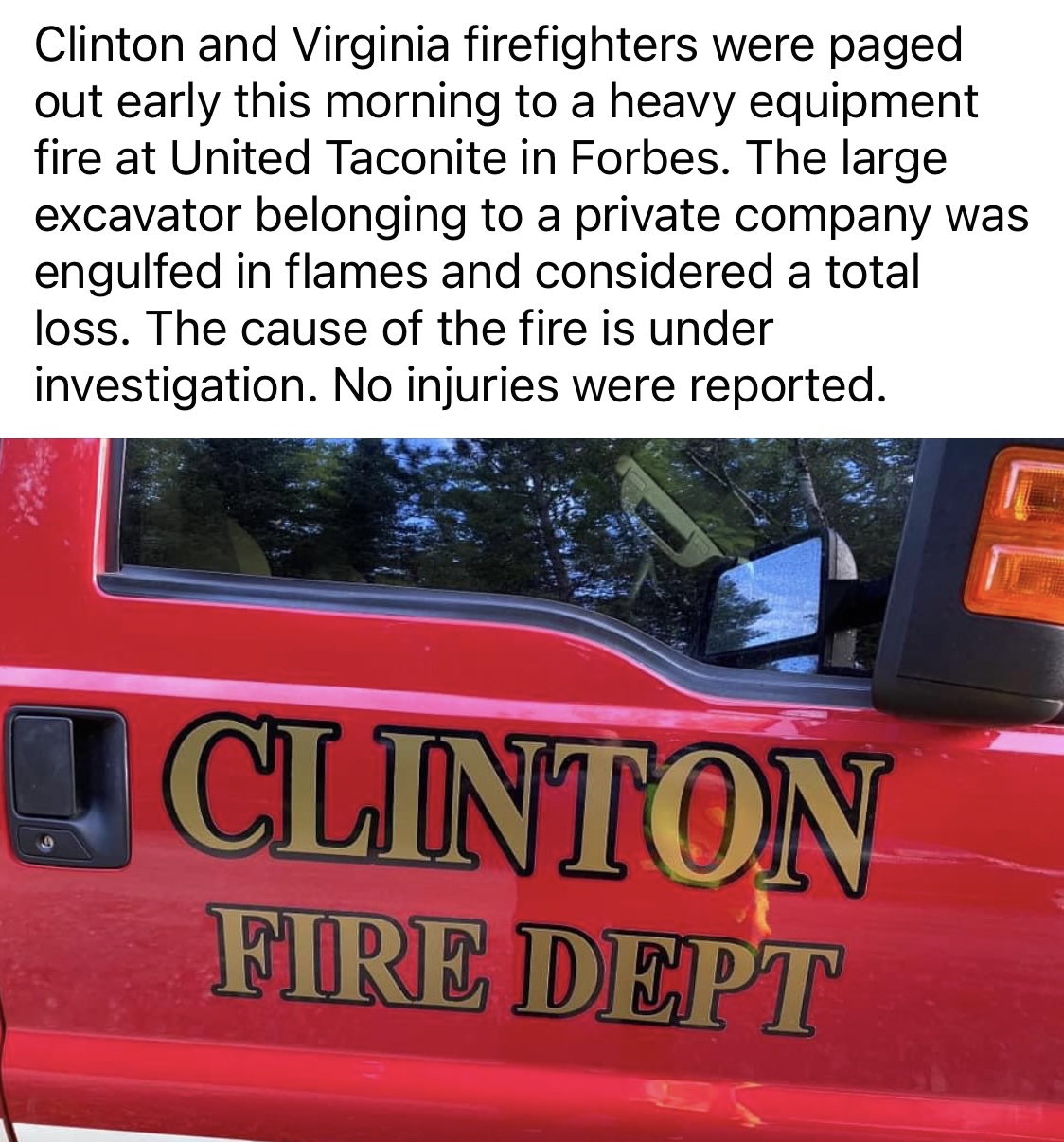 Equipment fire at United Taconite