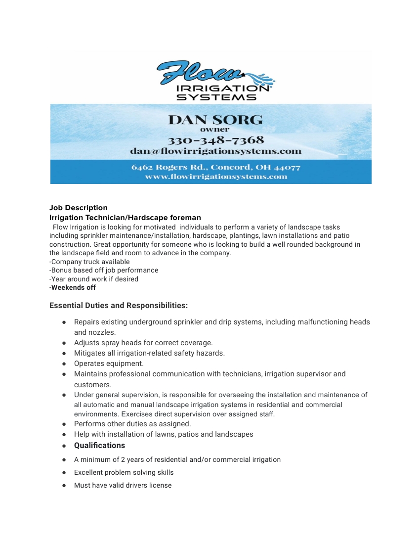 Irrigation Technician/Hardscape Foreman Flow Irrigation Systems