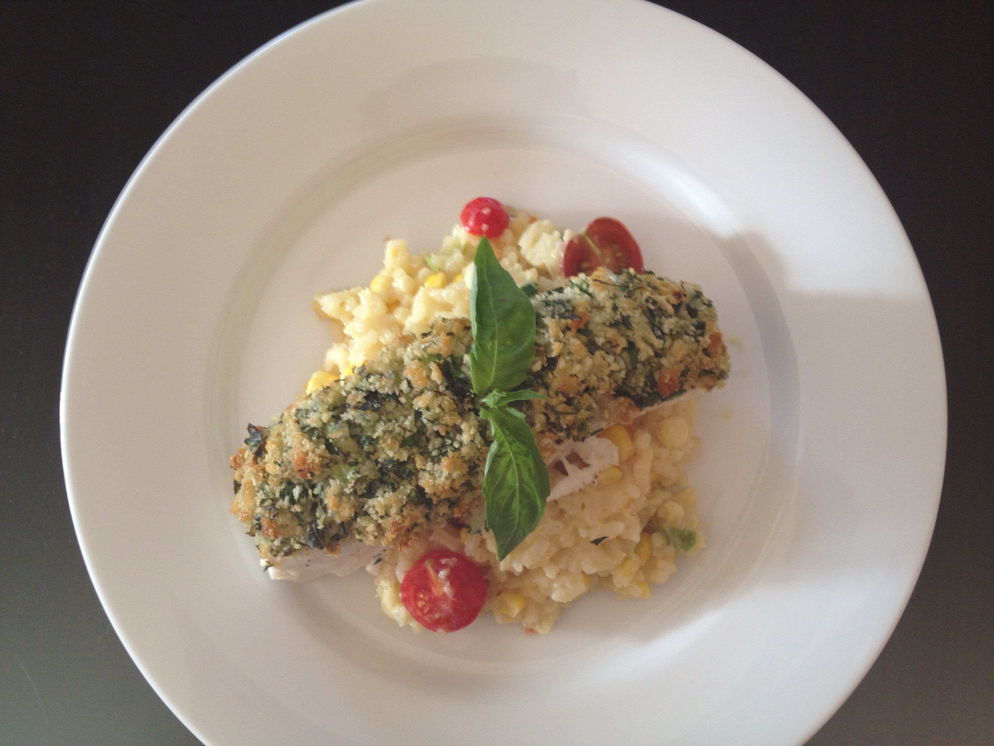 Herb Crusted Halibut with Summer Vegetable “Cheaters” Risotto
