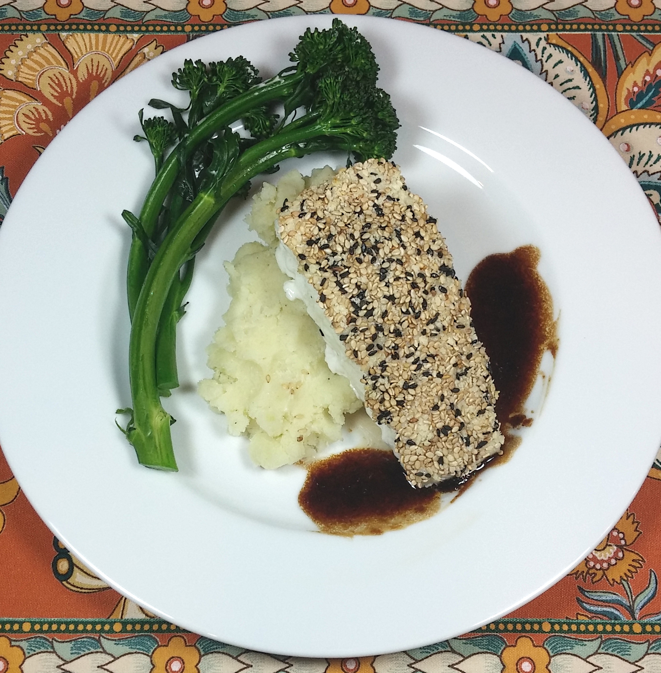 Sesame Crusted Halibut with Wasabi Mashed Potatoes and Soy Ginger Glaze