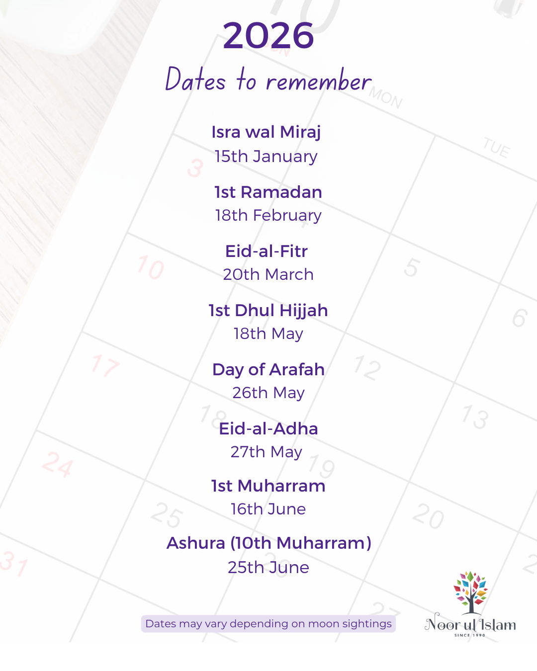 Key Islamic Dates Noor Ul Islam