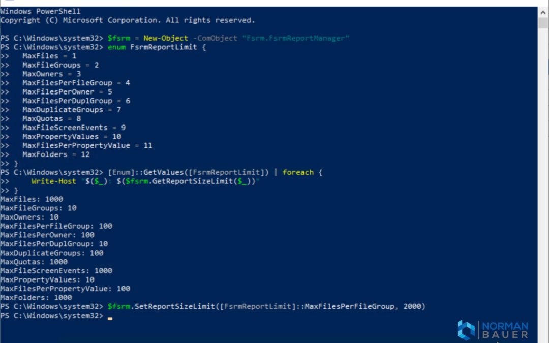 File Server Resource Manager raise limits with PowerShell NORMAN BAUER