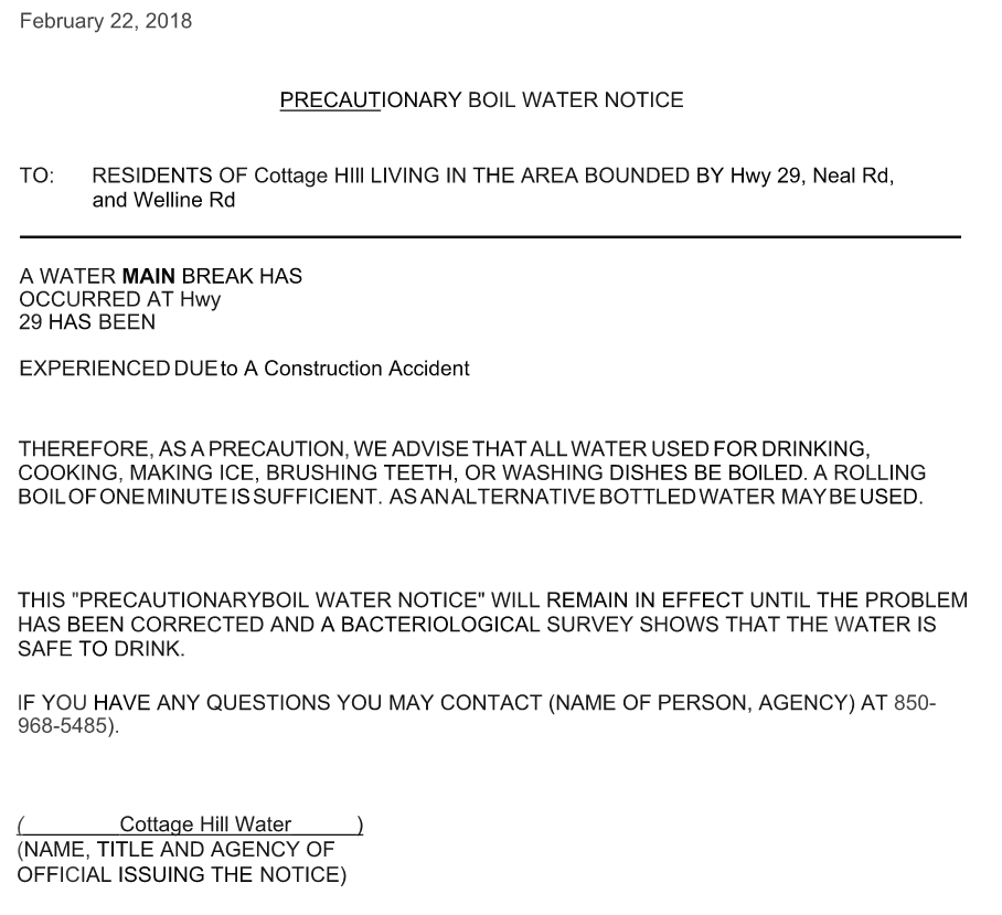 Boil Water Notice Issued For Cottage Hill Area Homes, Businesses And