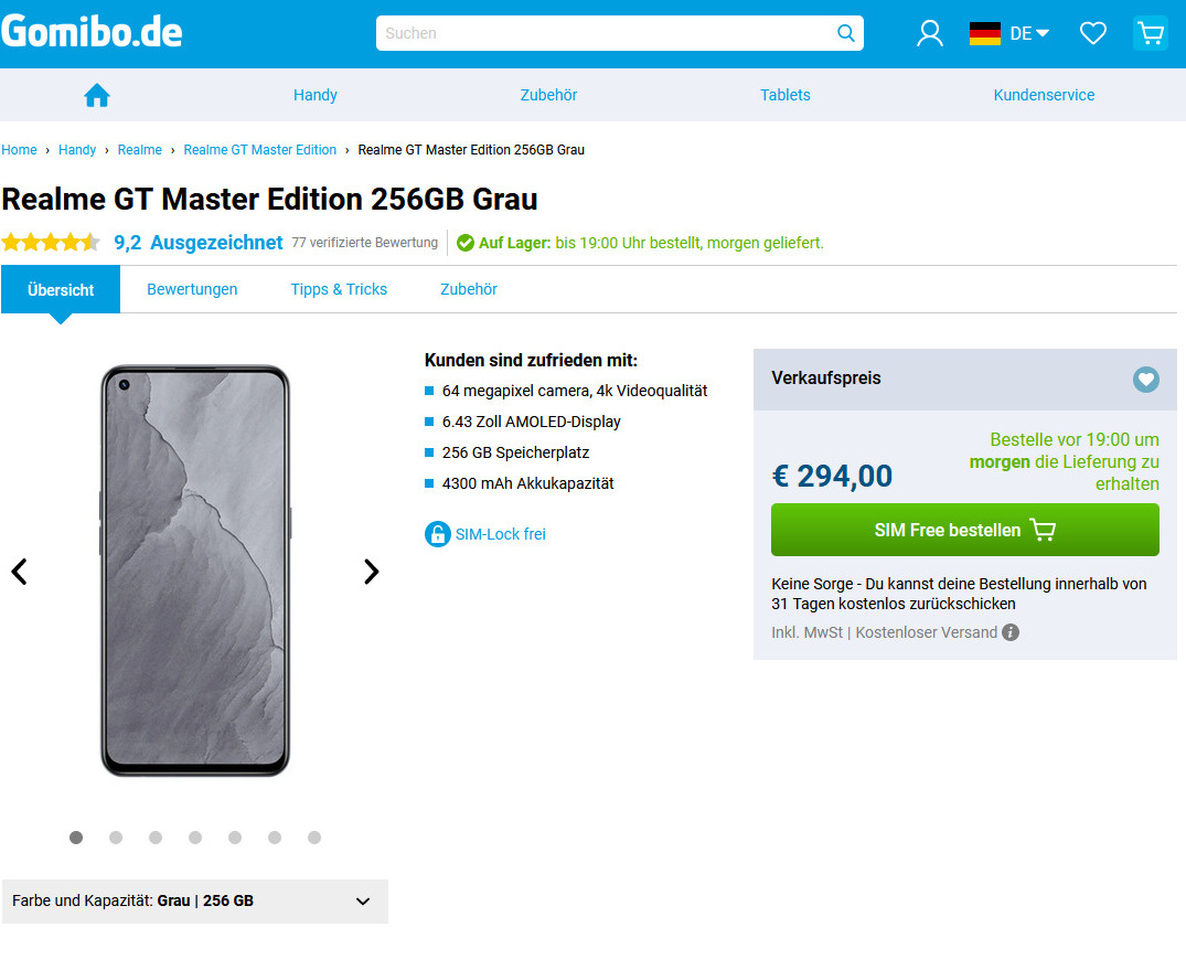 Preiskracher Realme GT Master Edition 8/256 GB zum
