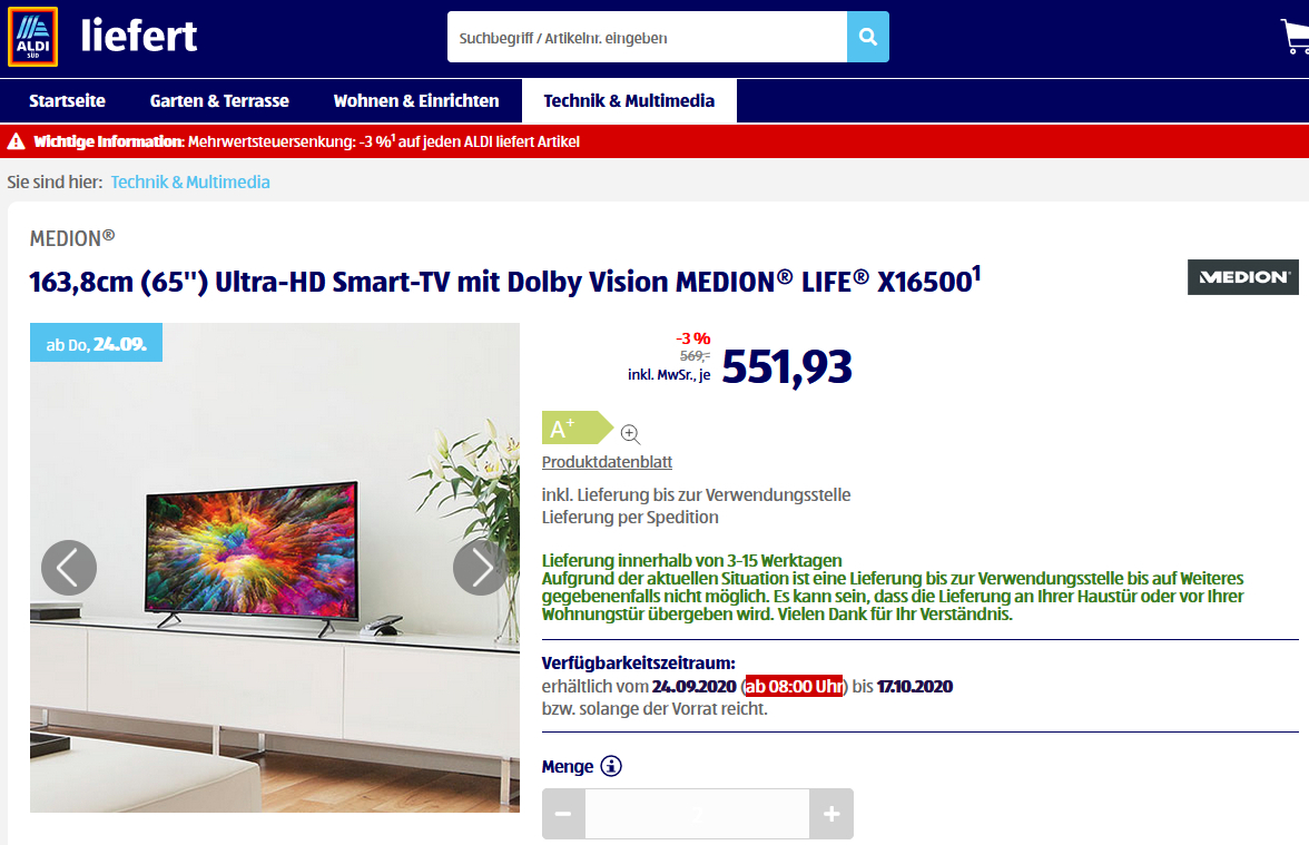 Aldi Medion Life X16500 65ZollSmartTV ab 24. September