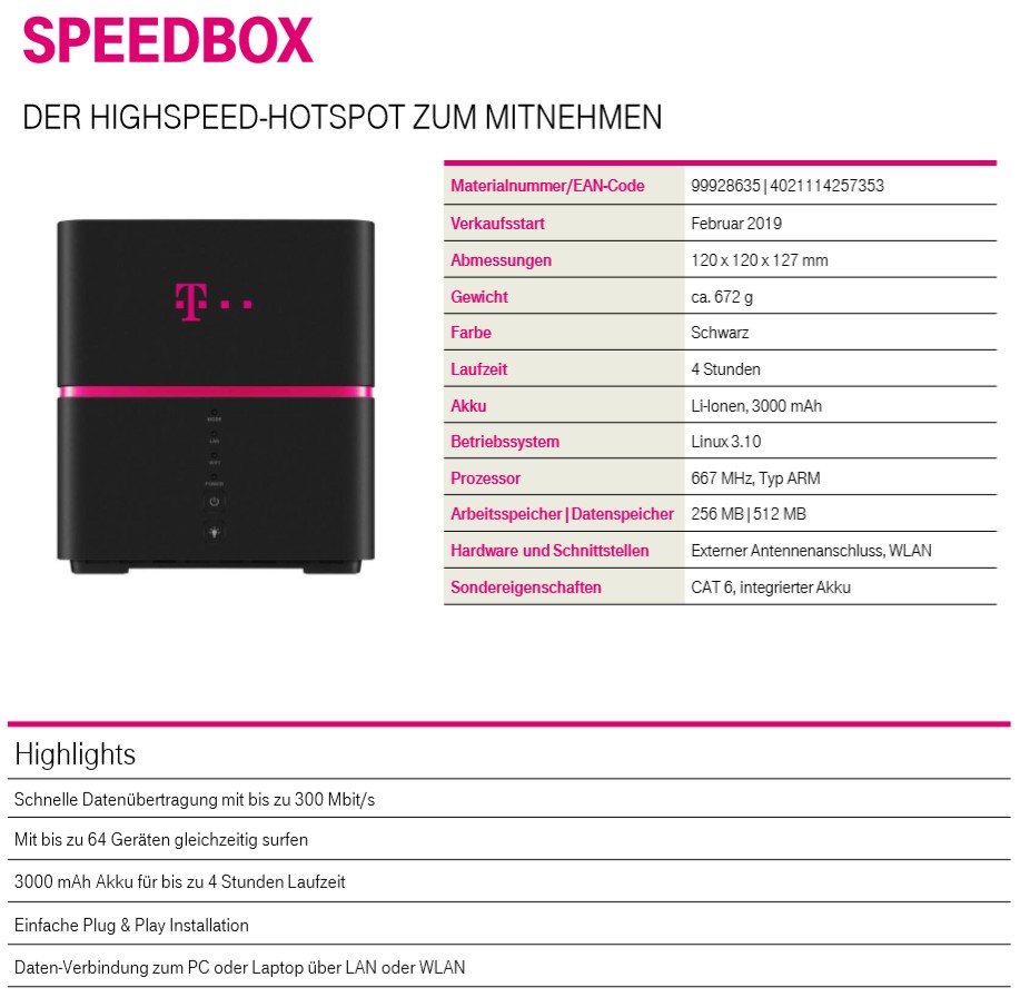 Telekom Speedbox WLANHotspot zum Mitnehmen ab 40 Euro pro Monat
