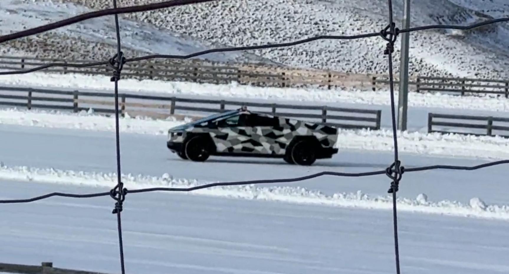 Tesla Cybertruck spotted getting sideways in winter testing footage