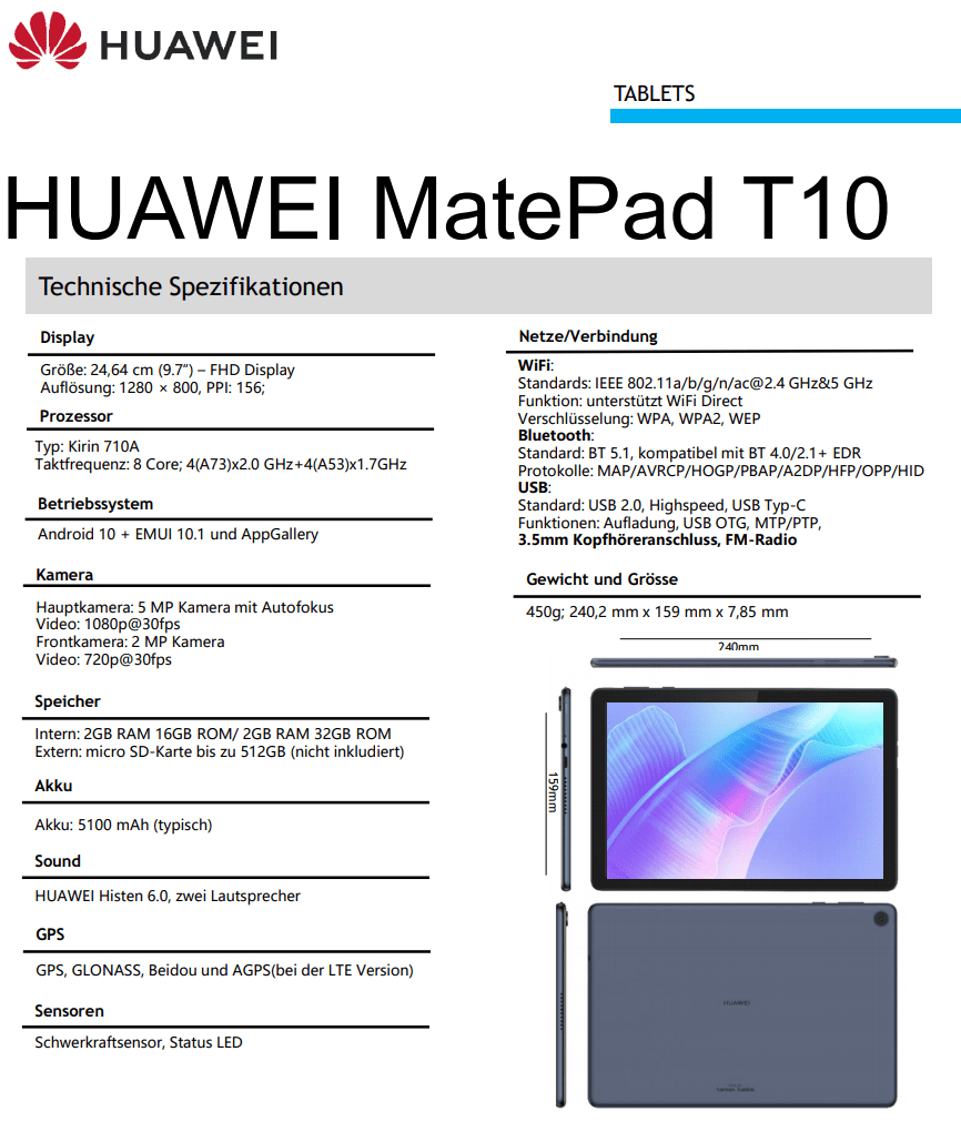 Huawei MatePad T10 and MatePad T10s renders and specs leaked Likely