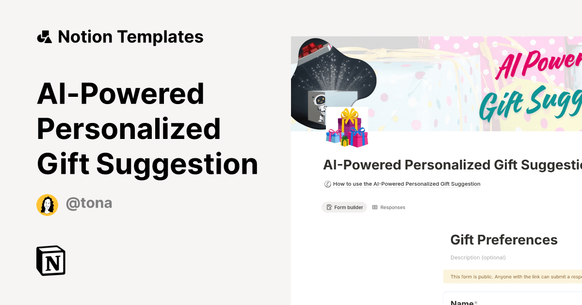 AIPowered Personalized Gift Suggestion by Tona Notion Template