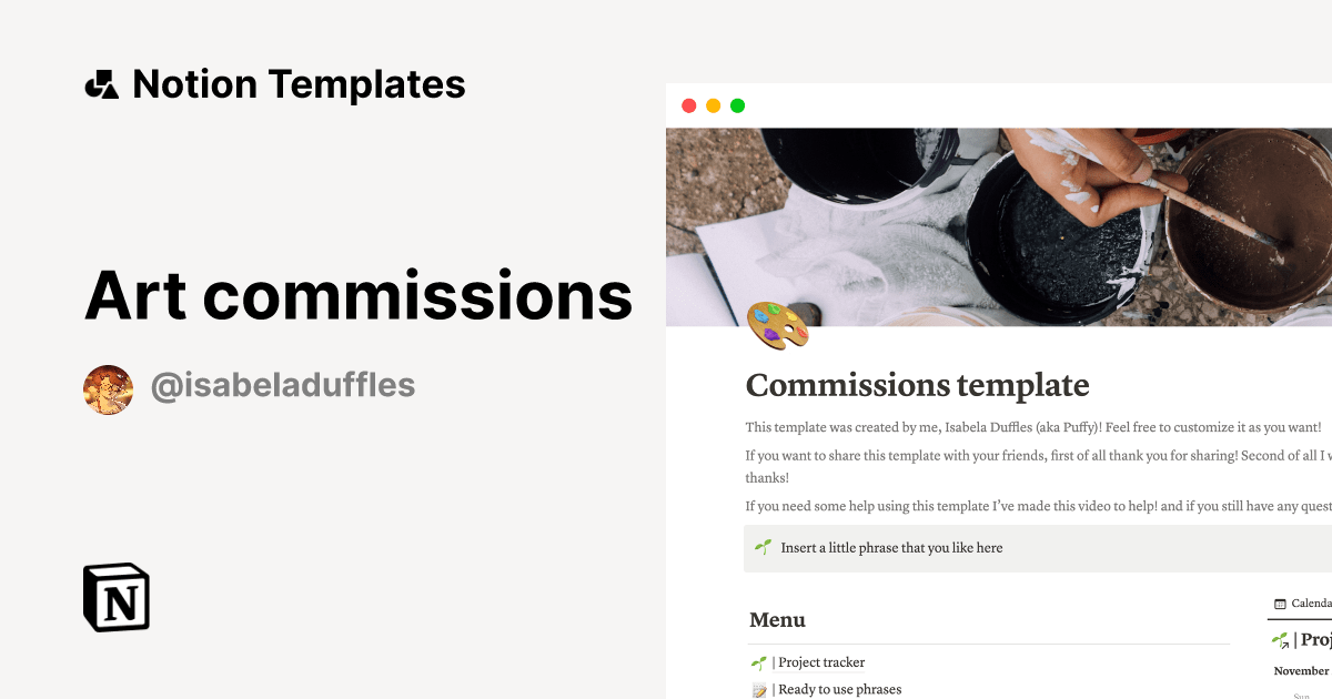 Art commissions by Isabela Duffles Notion Template