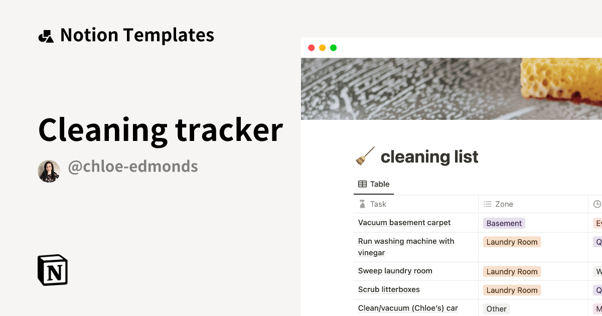 Cleaning tracker by Chloe Edmonds Notion Template