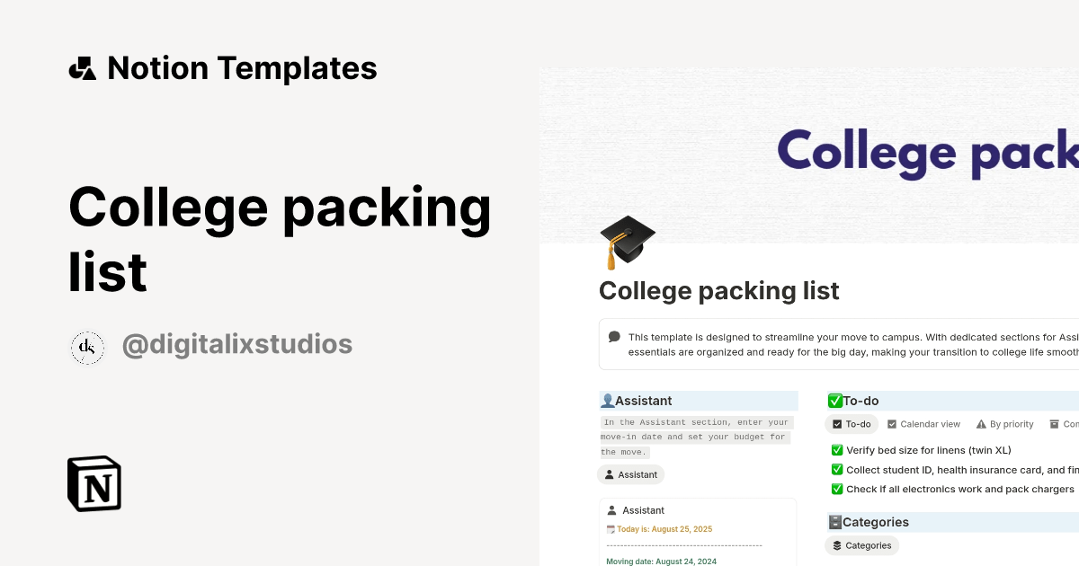 College packing list by Digitalix Notion Template