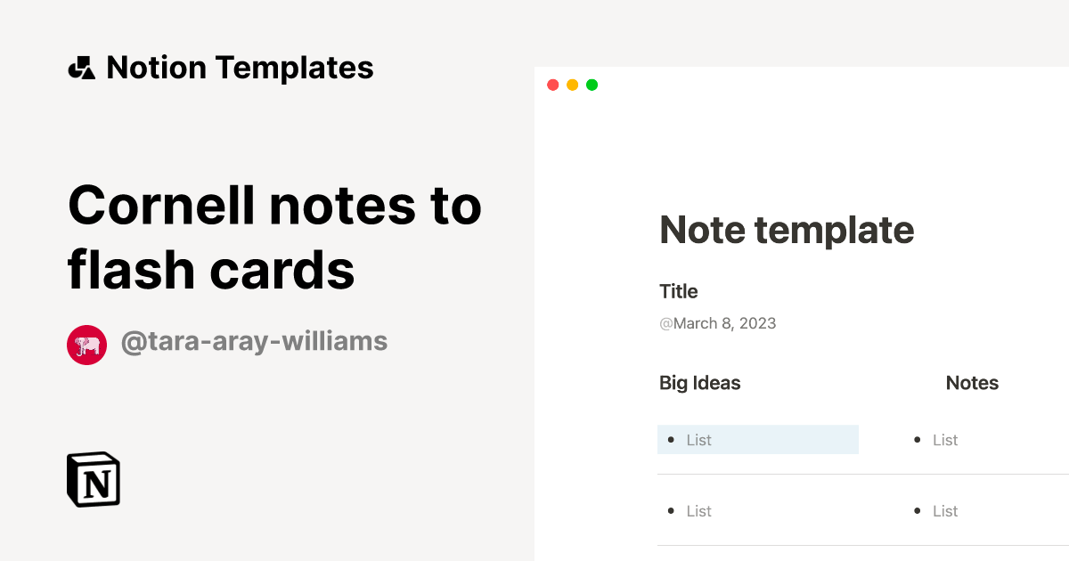 Cornell notes to flash cards Notion Template
